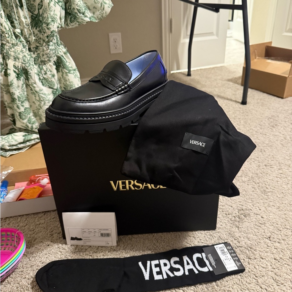 Versace Black Leather Slip-On Loafers